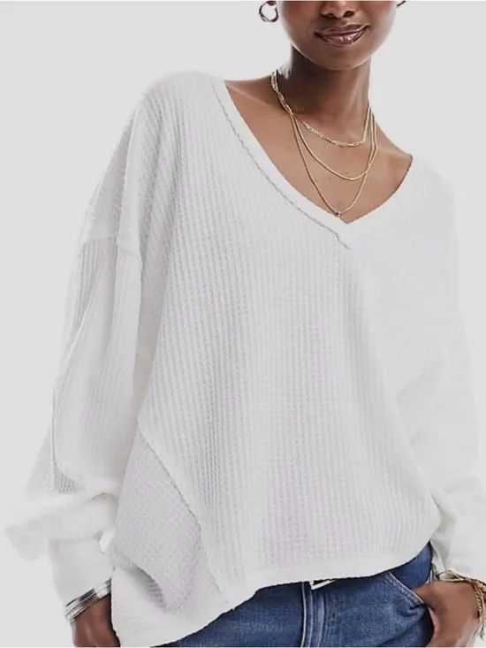 We The Free Coraline Thermal Top Oversized Waffle Knit Asymmetrical Top Size Sm