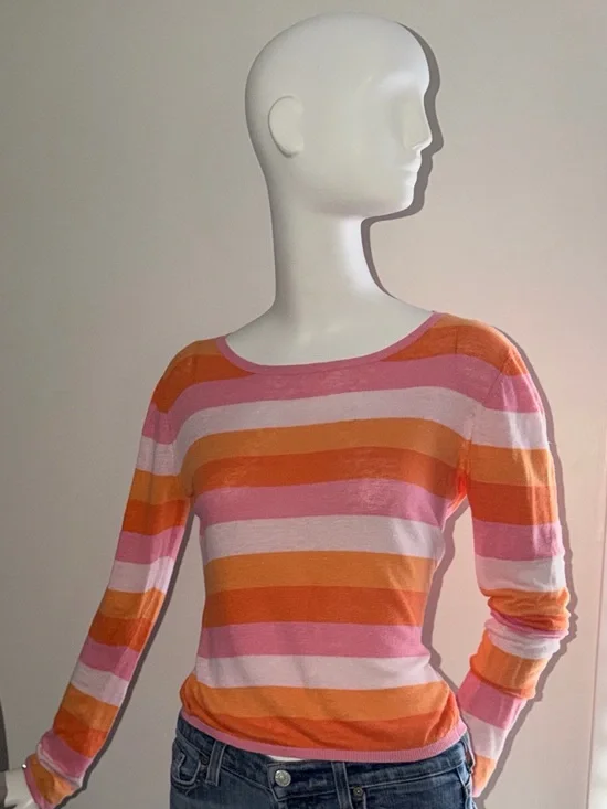 Tommy Hilfiger Pink, Orange & White Striped Scoop Neck Sweater