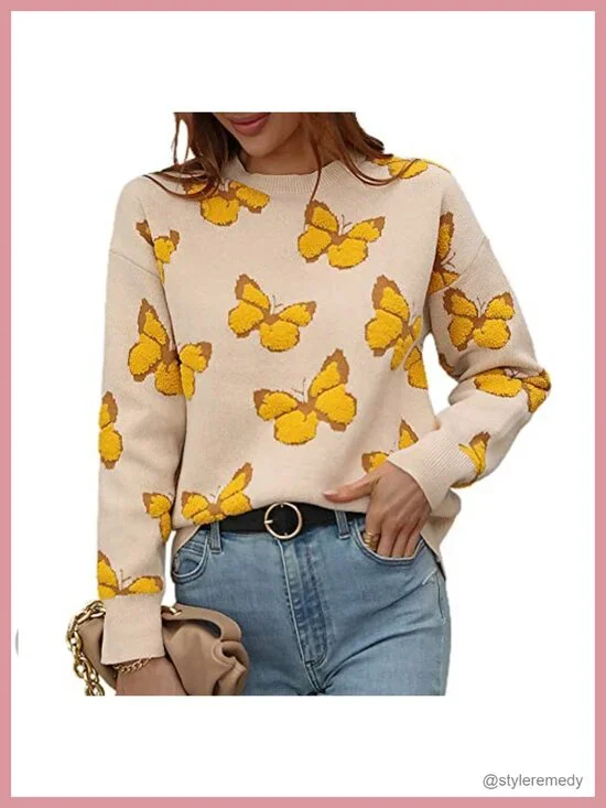 Women's Leopard Print Knitted Pullover Sweater Long Sleeve Crew Neck