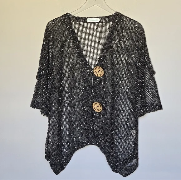 LULU-B Open Weave Mesh Cardigan Top Large Buttons Lagenlook Black Cream Size L