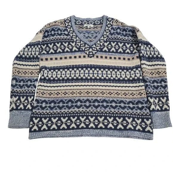 Madewell‎ XS Fair Isle Sweater Womens Blue Tan Wool Blend V-Neck Pullover