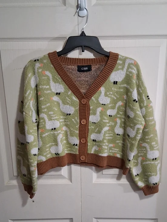 Cider Light Green Swan-Print V-Neck Cropped Cardigan with Brown Ribbed Trim - S