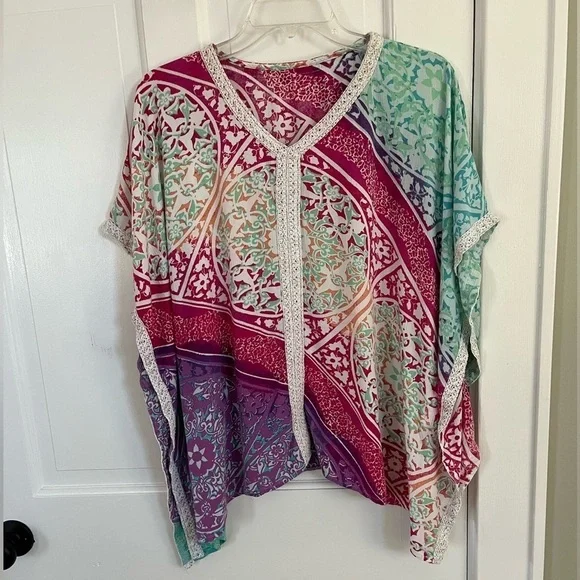 CHICO'S Semi Sheer Beaded Jeweled Embellish Neckline Poncho Topper Muted Colors