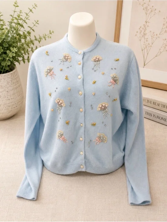 Pastel Blue Embroidered Pearl-Button Cardigan size small