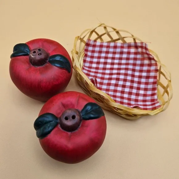 Red Apple Salt and Pepper Shakers with Basket‎ Ceramic Kitchen Decor Set