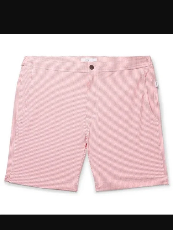 🌁 EUC: ONIA; MENS CALDER, STRIPED STRETCH SEERSUCKER SWIM SHORTS, BRICK/32
