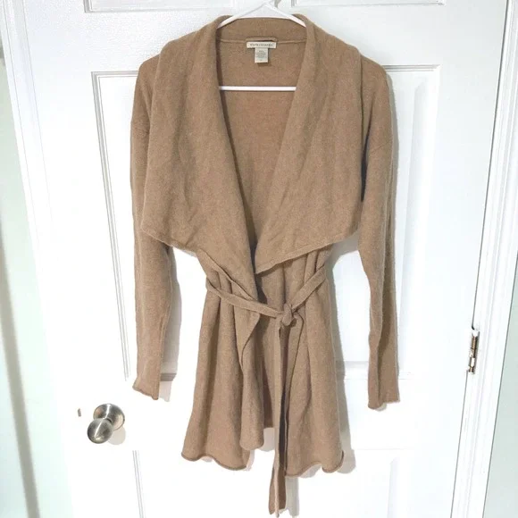 White + Warren 100% Cashmere Belted Wrap Cardigan Sweater Tan Camel Small