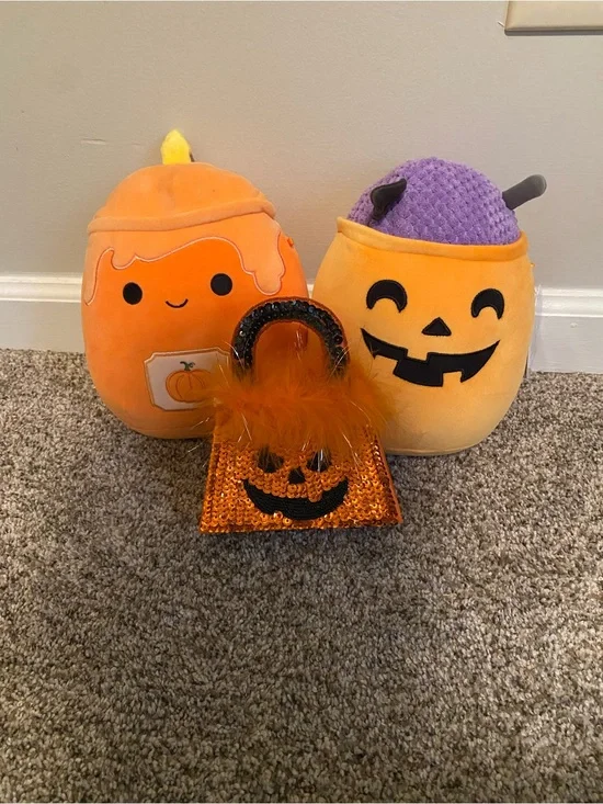 Halloween Squishmallow Bundle & Kids Orange Pumpkin Feather Trim Purse Bundle
