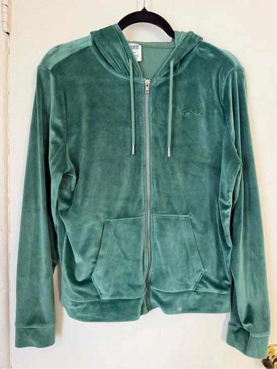 PINK Victoria's Secret Green Velour Zip-Up Hoodie