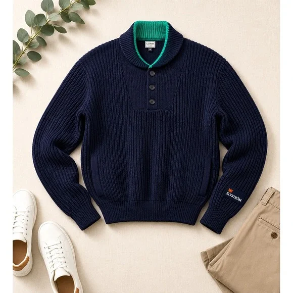Vintage Elvstrom Italy Navy Blue‎ Wool Shawl Collar Sweater Green Trim medium