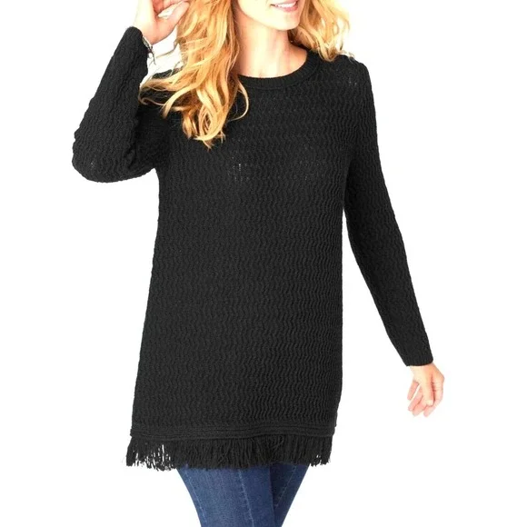 J. Jill Black Open Weave Fringed Hem‎ Tunic Sweater Women's 4X