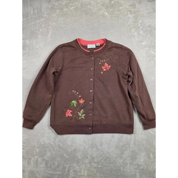 Vintage Shenanigans Cardigan Sweatshirt Womens M Brown Floral Leaves Cottagecore