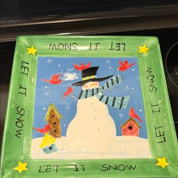 Snowman Ceramic Plate with Green Border