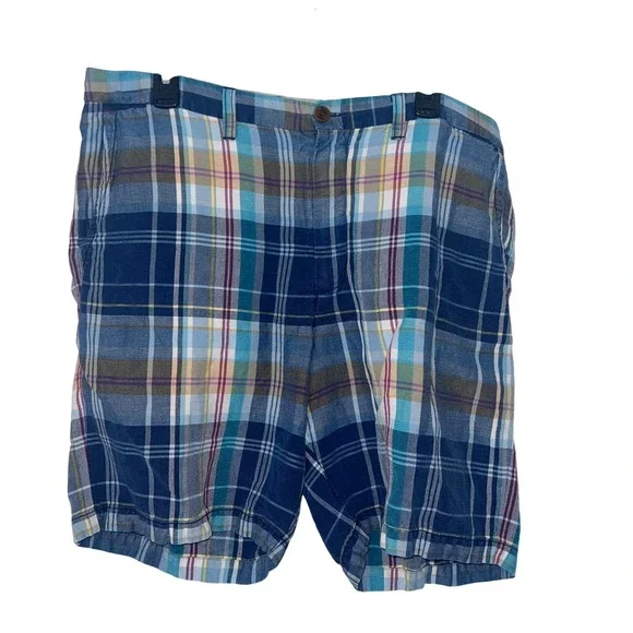 Tommy Bahama Mens 38 Blue‎ Plaid Linen Tencel Blend Flat Front Island Shorts