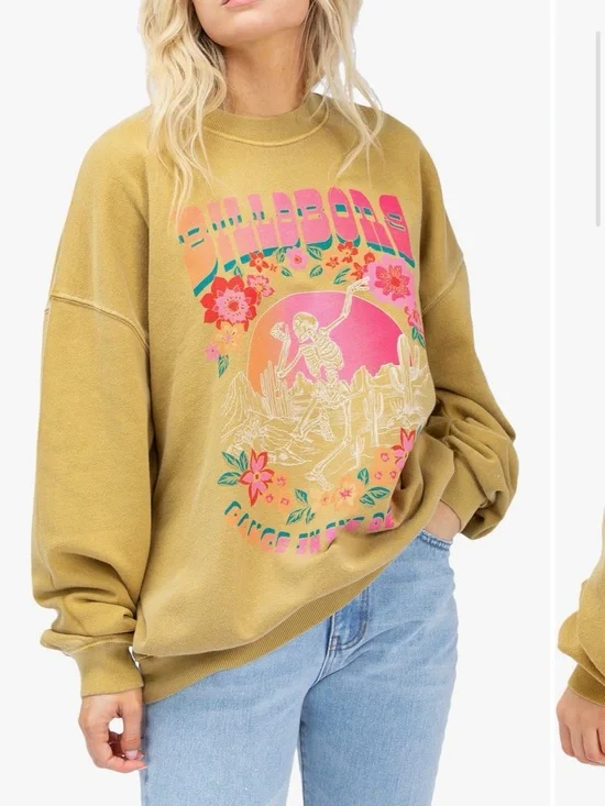 Billabong Light Olive Graphic Sweatshirt with Pink and Coral Print