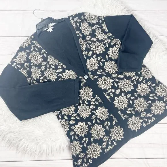 J. Jill Women's Floral Cotton Blend Black‎ Cardigan Sweater Size XL