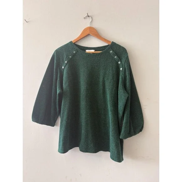Liz Claiborne Sweater Womens 1X Green Herringbone Button Boat Neck Pullover