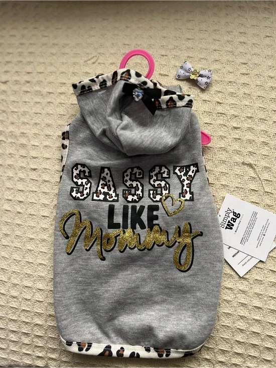 Sassy Like Mommy Gray Leopard Trim Dog Hoodie