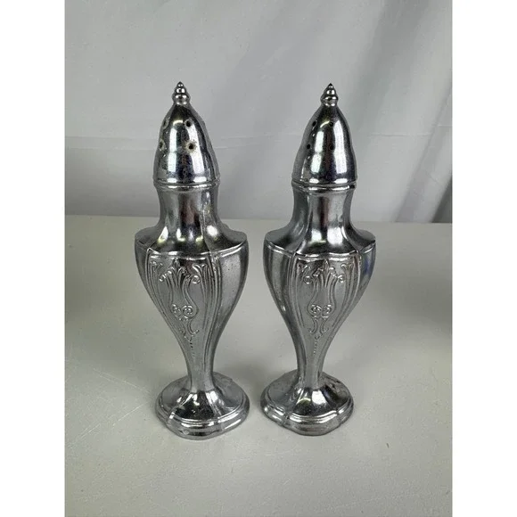 Vintage Ornate Silver Tone Salt‎ and Pepper Shakers Tall Pedestal Scrollwork Set