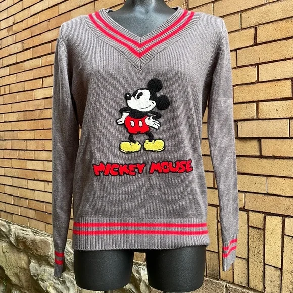 Vintage 80’s 90’s Mickey Mouse Varsity Sweater Gray Red Knit Pullover Unisex