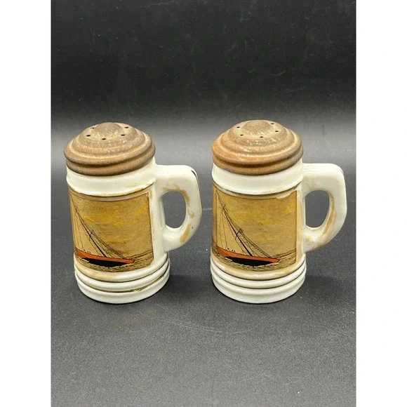 Vtg Sailboat Salt Pepper Shakers with‎ Handles Cleveland, OH Souvenir 2.75