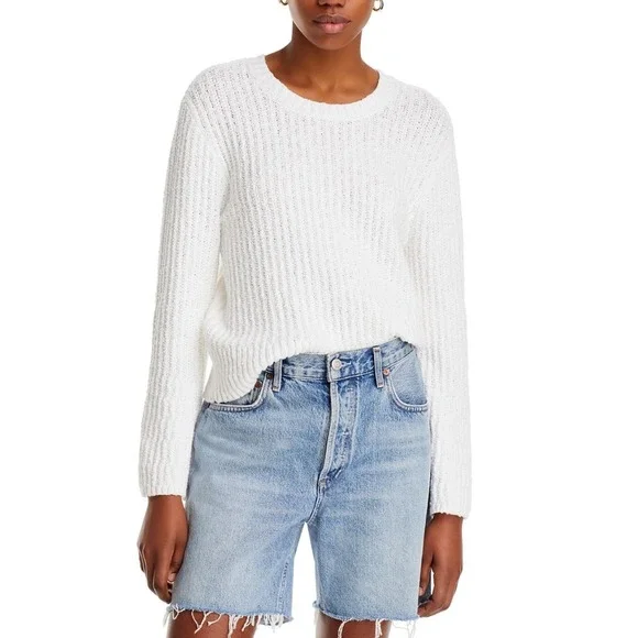 Paige Ambrosia Crewneck Sweater‎ White Ribbed Cotton Knit 8888G23-1165 SMALL