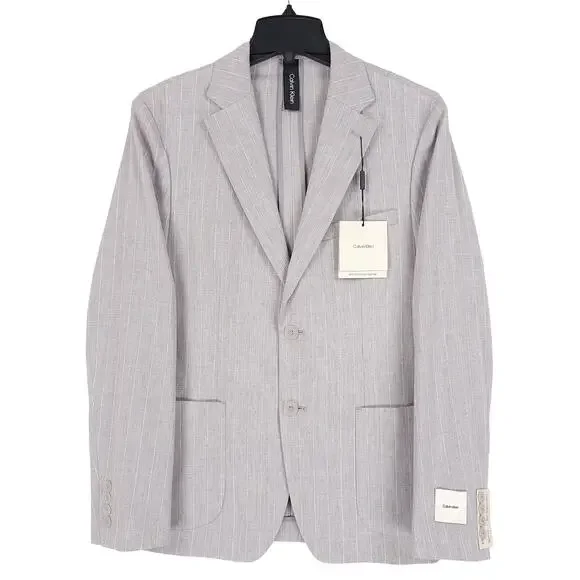 Calvin Klein Mens Slim Fit Suit Jacket 38S Grey Pinstripe Stretch Linen Blend