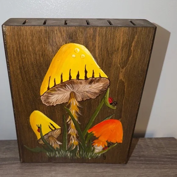 Vintage Hand Painted Mushroom Ladybug Wooden Knife Block Signed IG Cottagecore