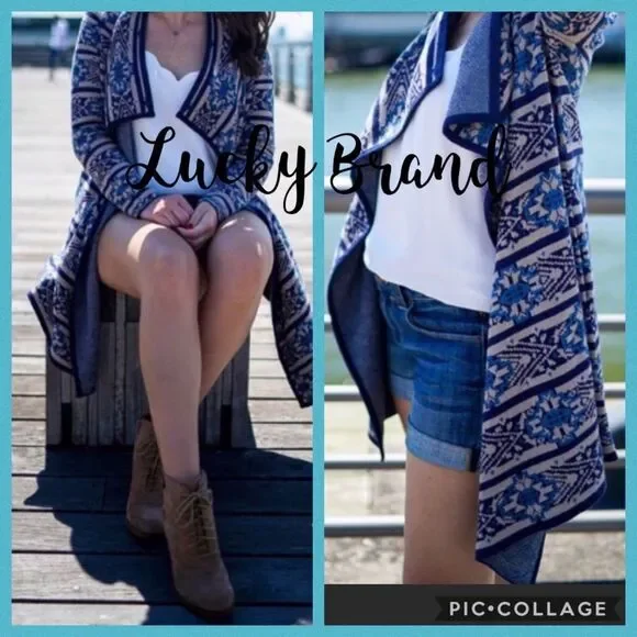 Lucky Brand blue bohemian scarf print knit open duster cardigan S