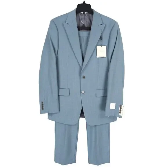 Calvin Klein Mens Slim Fit 2 Piece Suit 42L 36x34 Green Solid Stretch Wool Blend