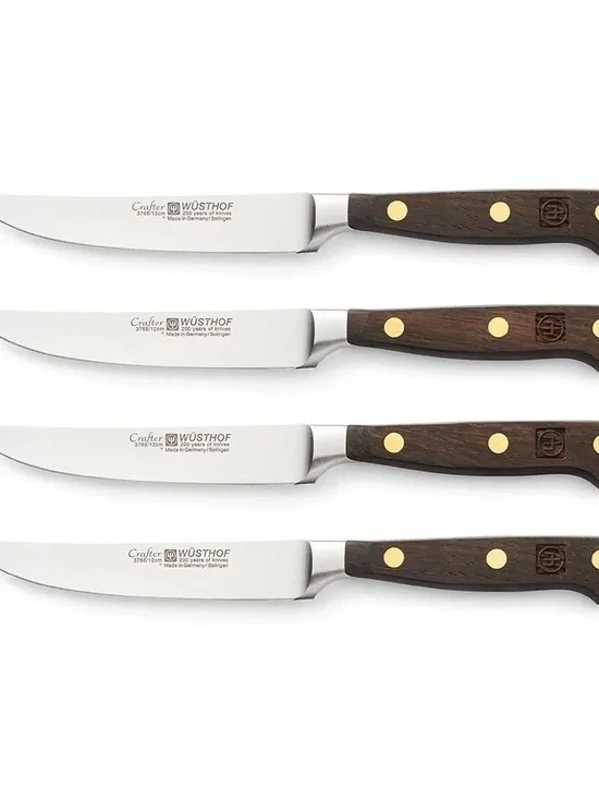 New Wüsthof Crafter 4 Piece Steak Knife Set with Oak Handles & Brass Rivets