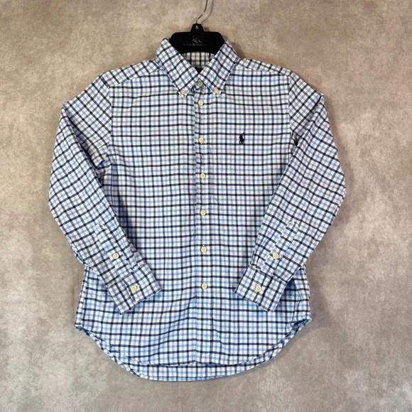 Ralph Lauren Button Down Shirt Boys M 10-12 Blue White Plaid Long Sleeve Pony