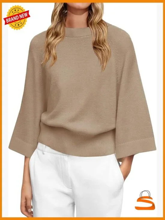 Womens Crew Neck Batwing Sweater 3/4 Sleeve Loose Fit Knit Pullover