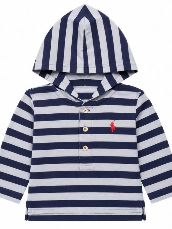 Polo by Ralph Lauren Boys Navy and White Striped Hooded Shirt - 3 months