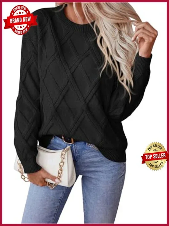 Cable Knit Pullover Sweater for Women - Cozy Loose Fit Long Sleeve Crewneck