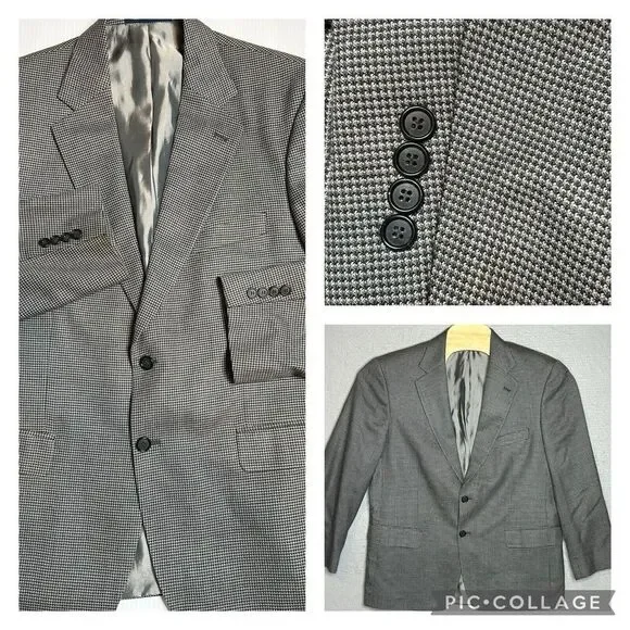 Alan Flusser Mens 42 S Blazer‎ Gray Houndstooth Silk/ Wool Blend Sport Coat