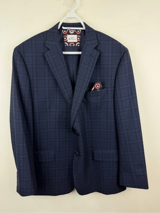 Ben Sherman Blue Plaid Sport Coat Blazer 48R Mod Slim Fit NWOT