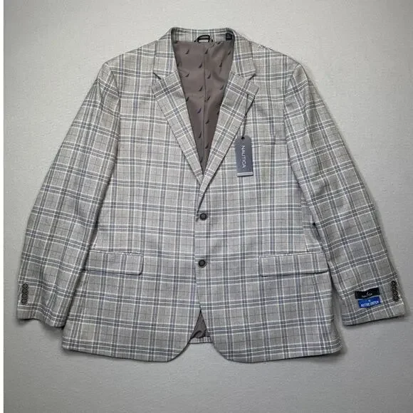 Nautica Men's Modern-Fit Sport Coat Grey Plaid 48R $250