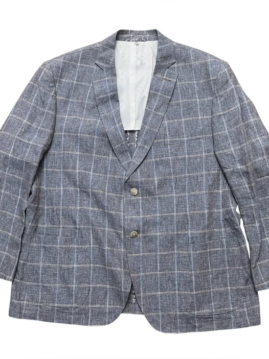 JKT New York Blazer Jacket Mens Size 48R Trent 100% Linen 1/2 Lined Plaid Gray
