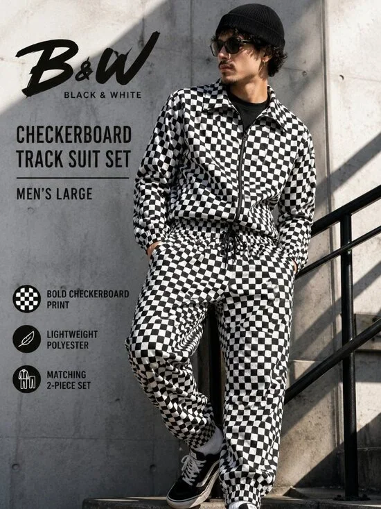 B&W Black & White Checkerboard Track Suit Set Jacket & Pants Size Large