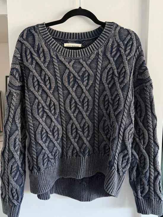 Lucky Brand Two-Tone Navy Cable Knit Crewneck Sweater