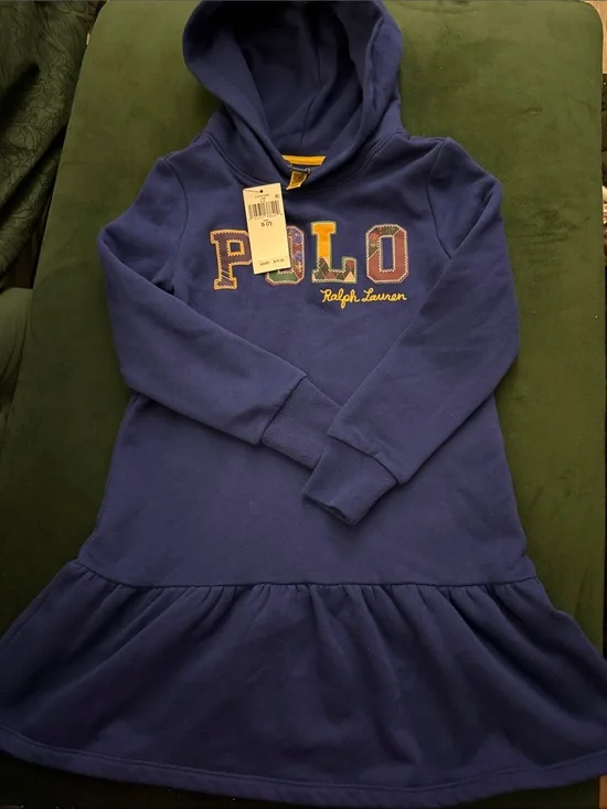Ralph Lauren Navy Hooded Logo Dress with Ruffle Hem