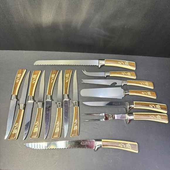 Lifetime Cutlery 15pc Knife‎ Set Regent Sheffield Gold Rose Stainless Steel VTG