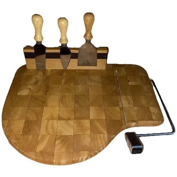 Vintage MCM Prodyne Magnetic Wood Cheese Board‎ - Wire Cutter & 3 Knife Set