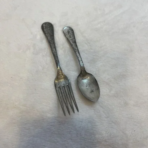 Vintage Children's‎ Toy Fork & Spoon WBW with Girl & Bear On Handles 2 Piece Set