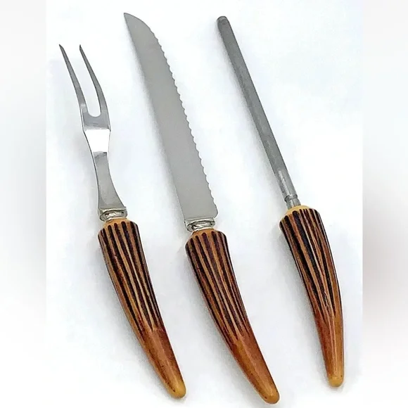 Vintage Carving Set Faux Antler E Parker & Sons Sheffield Stainless Steel Blades