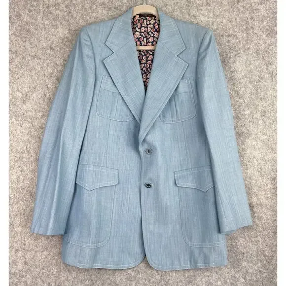 VTG Mancillas‎ Blazer Sport Coat Mens 41L Blue Herringbone Disco Retro Western