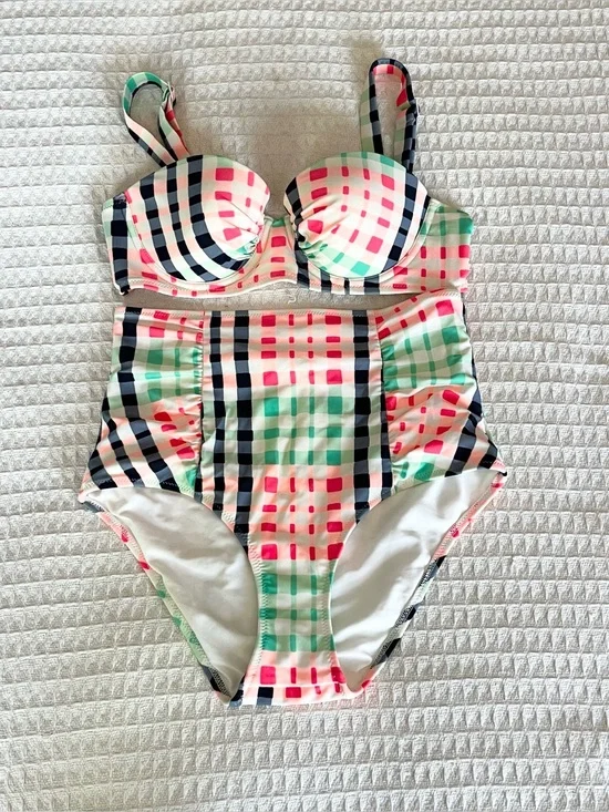 aerie Pink, Mint & Black Plaid High-Waist Swim Bikini medium 32C