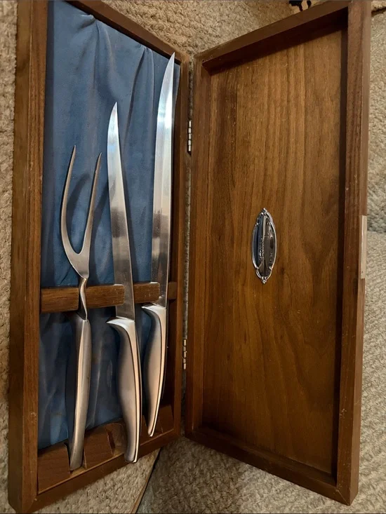VintageTowle Silver Carving Knife and Fork Set with walnut wood Case