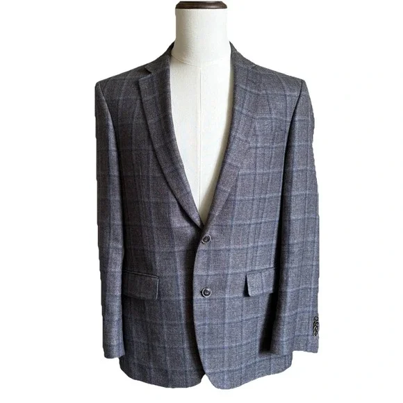 Jos A Bank Brrr Comfort‎ Blazer 40R Gray Windowpane Linen Wool Slim Fit Jacket